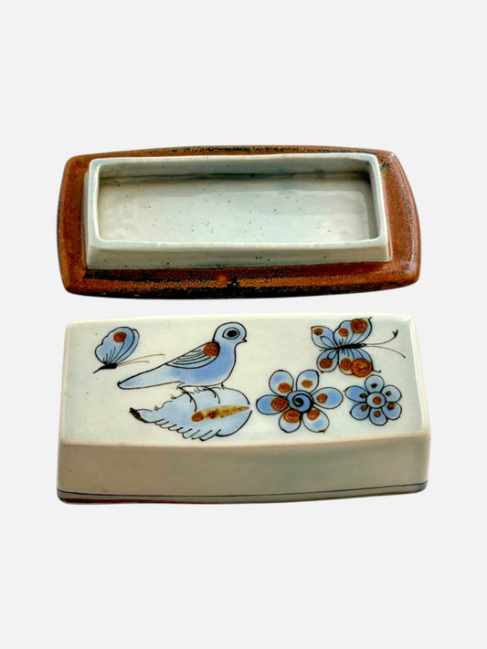 Vintage Ken Edwards Tonala hand-painted and signed rectangular ceramic covered butter dish with lid handmade in Mexico featuring bird, butterfly, and floral design shown with the lid removed