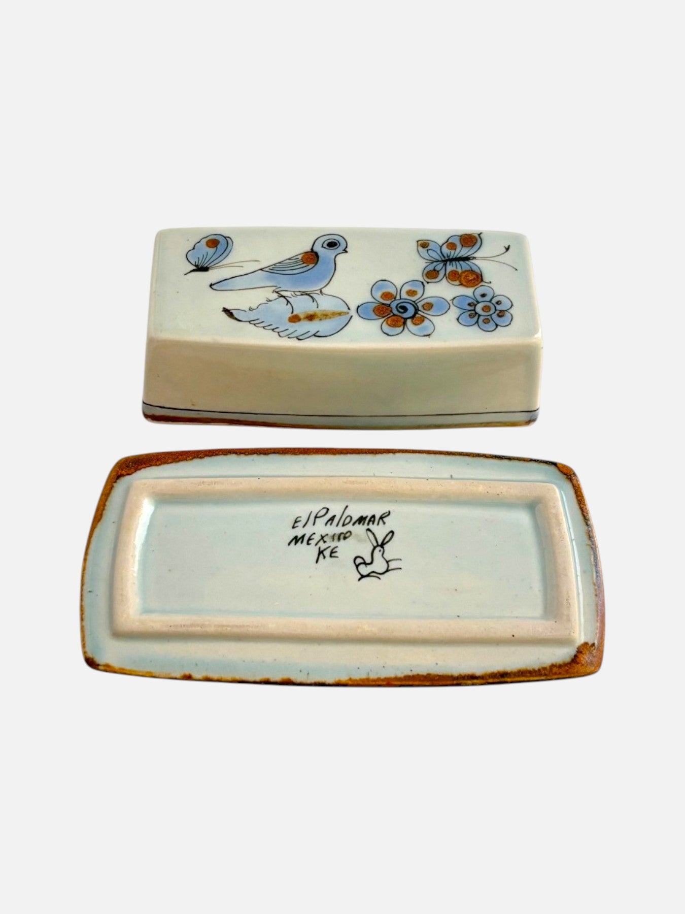 Vintage Ken Edwards Tonala hand-painted and signed rectangular ceramic covered butter dish with lid handmade in Mexico featuring bird, butterfly, and floral design shown with the signed base