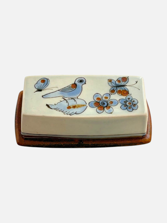 Vintage Ken Edwards Tonala hand-painted and signed rectangular ceramic covered butter dish with lid handmade in Mexico featuring bird, butterfly, and floral design