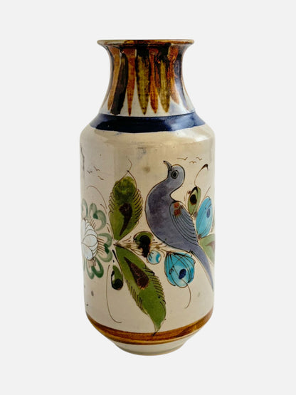 Vintage Ken Edwards Tonala hand-painted and signed tall ceramic vase handmade in Mexico featuring bird and floral design shown from the front view