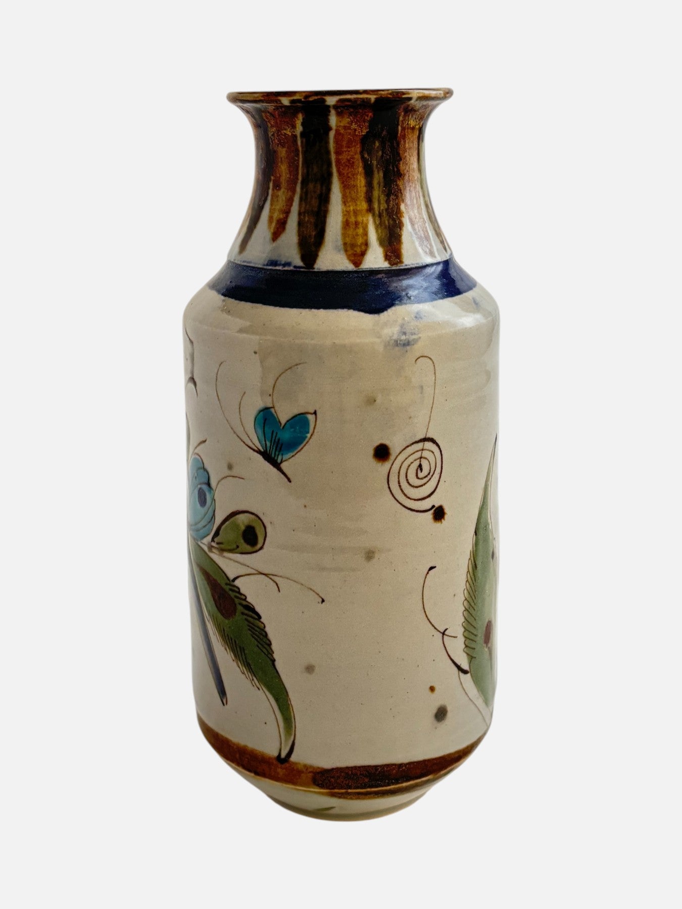 Vintage Ken Edwards Tonala hand-painted and signed tall ceramic vase handmade in Mexico featuring floral design shown from the front view