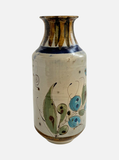 Vintage Ken Edwards Tonala hand-painted and signed tall ceramic vase handmade in Mexico featuring floral design shown from the front view