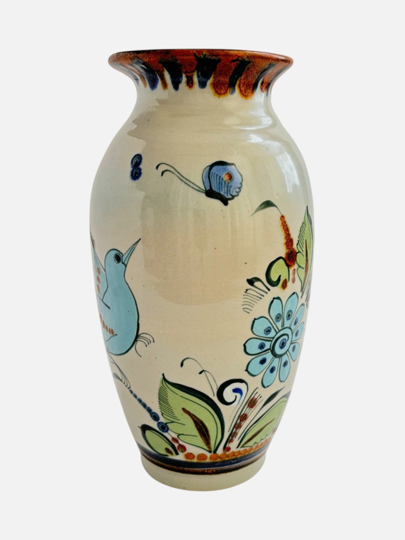 Vintage Ken Edwards Tonala hand-painted and signed tall ceramic vase handmade in Mexico featuring floral design shown from the front view