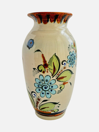 Vintage Ken Edwards Tonala hand-painted and signed tall ceramic vase handmade in Mexico featuring floral design shown from the front view