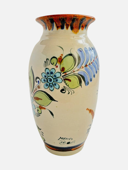 Vintage Ken Edwards Tonala hand-painted and signed tall ceramic vase handmade in Mexico featuring floral design shown from the front view