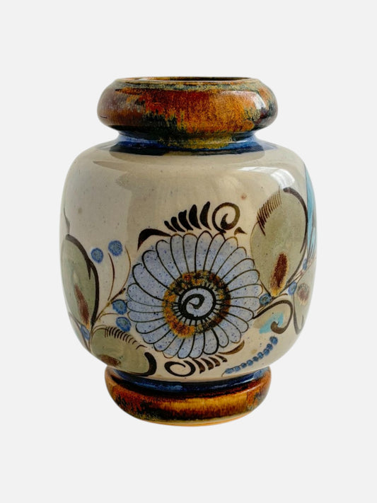 Vintage Ken Edwards Tonala hand-painted and signed round ceramic vase handmade in Mexico featuring floral design shown from the front view