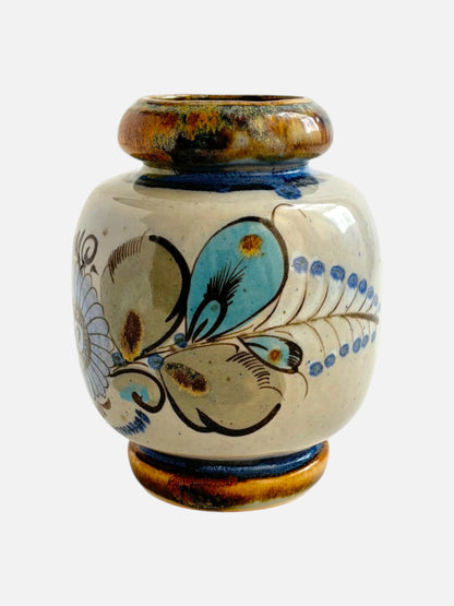 Vintage Ken Edwards Tonala hand-painted and signed round ceramic vase handmade in Mexico featuring floral design shown from the front view