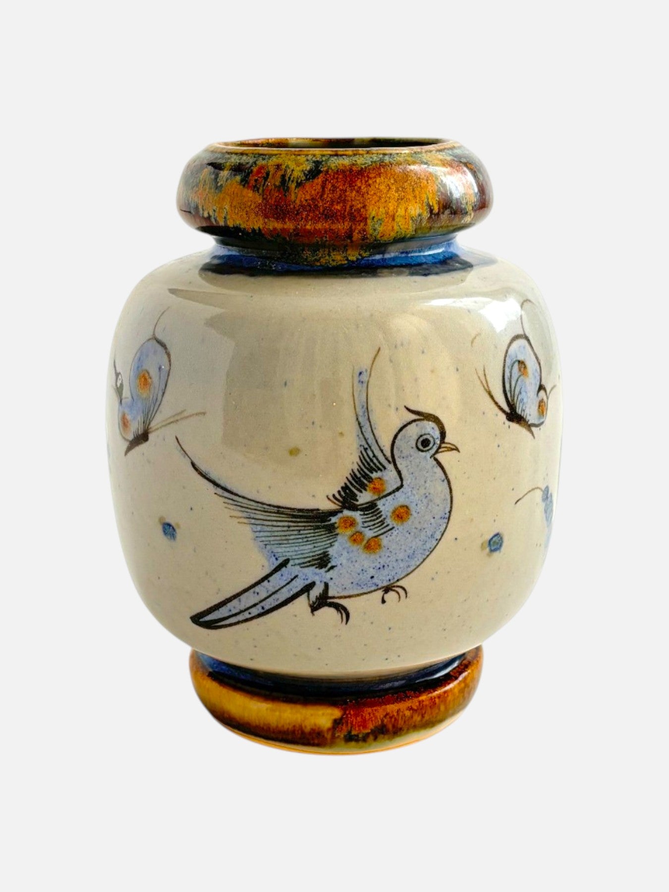 Vintage Ken Edwards Tonala hand-painted and signed round ceramic vase handmade in Mexico featuring bird and floral design shown from the front view