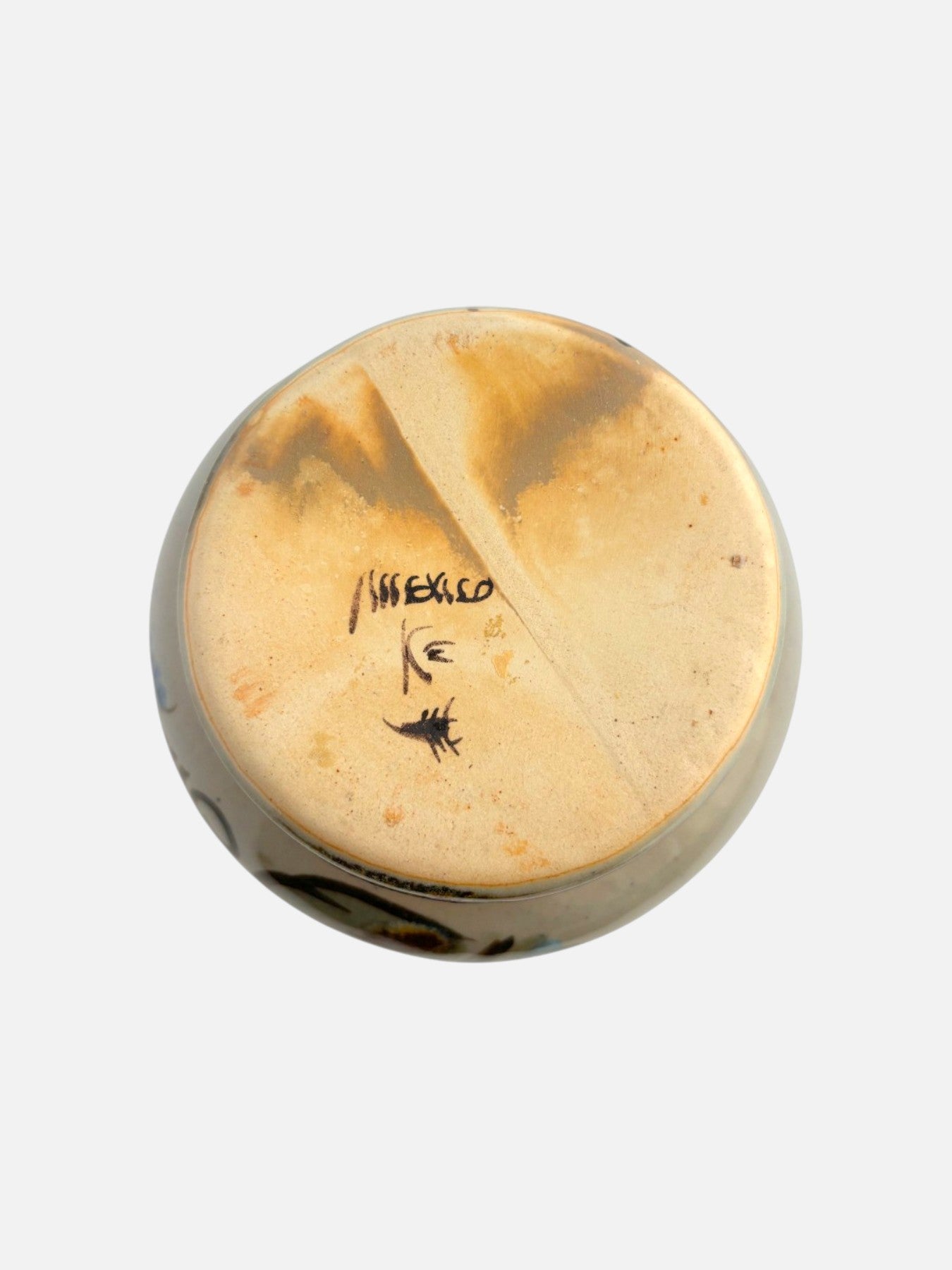 Vintage Ken Edwards Tonala hand-painted and signed round ceramic vase handmade in Mexico shown from the bottom with signed base
