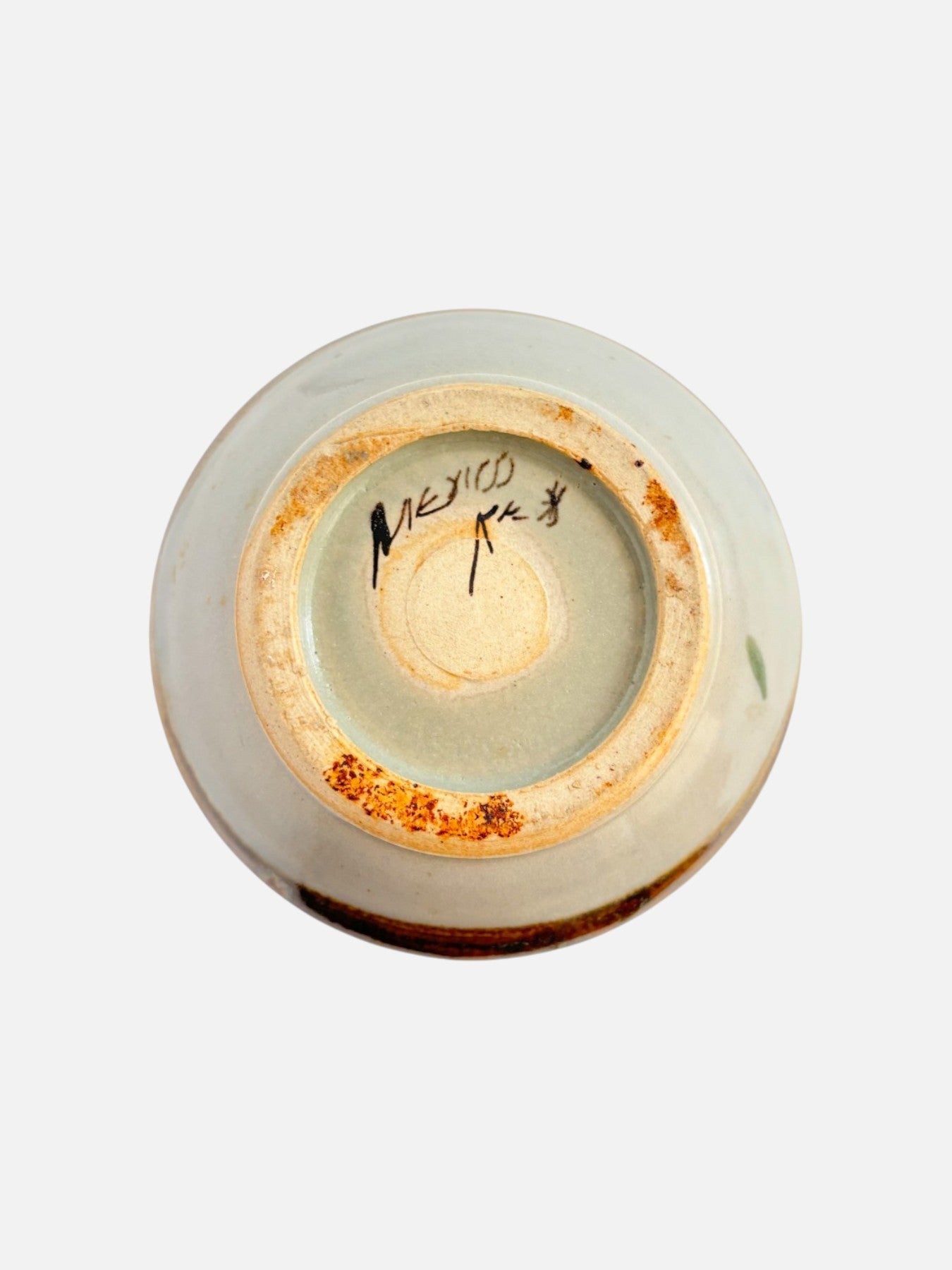 Vintage Ken Edwards Tonala hand-painted and signed tall ceramic vase handmade in Mexico shown from the bottom with signed base