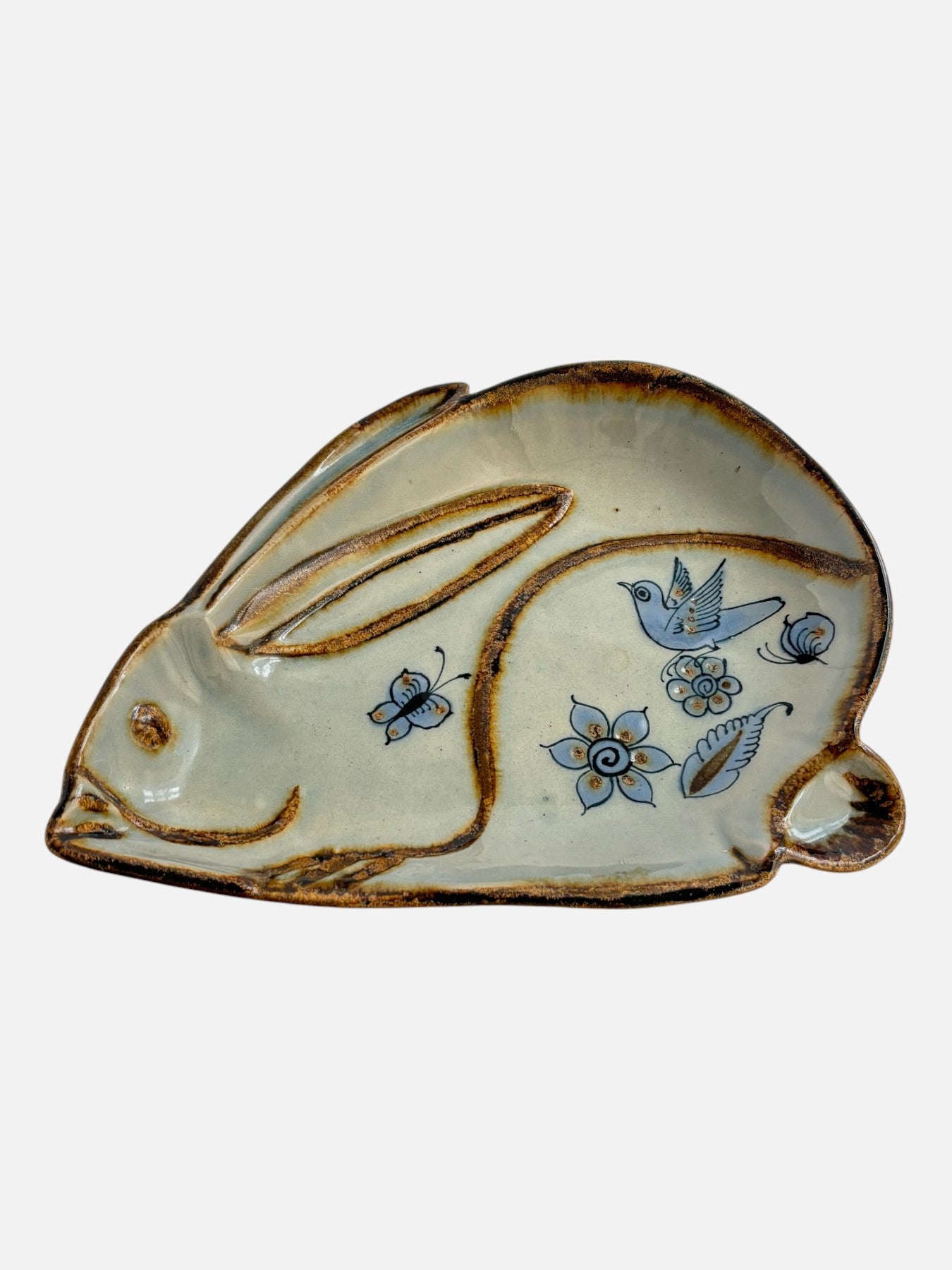 Vintage Ken Edwards Tonala hand-painted and signed rabbit-shaped ceramic dish handmade in Mexico featuring bird and floral design shown from the top view with signed base