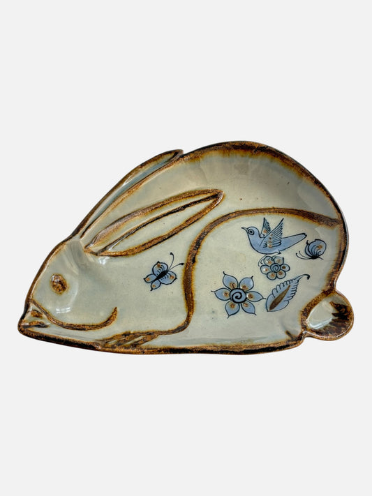 Vintage Ken Edwards Tonala hand-painted and signed rabbit-shaped ceramic dish handmade in Mexico featuring bird and floral design shown from the top view with signed base