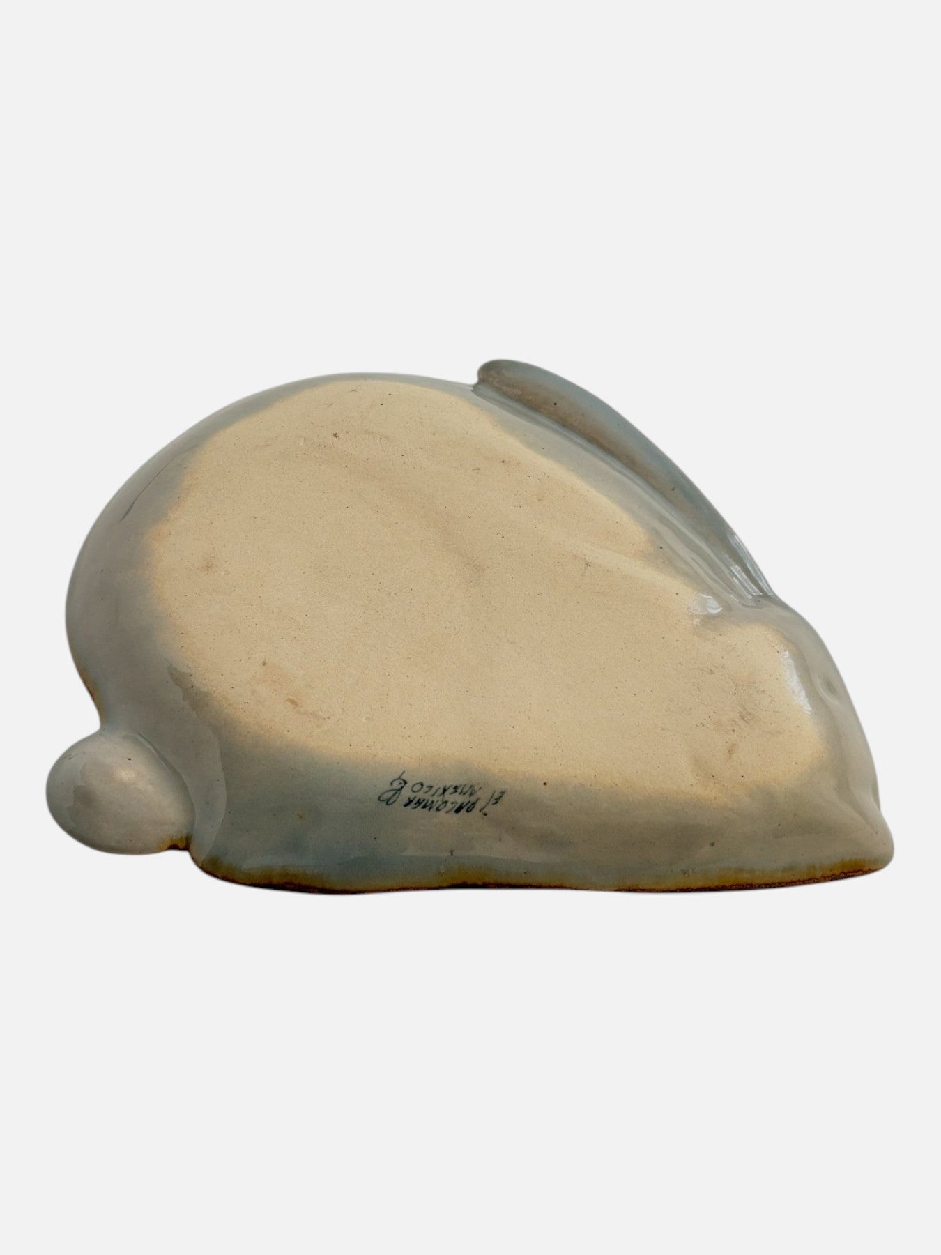 Vintage Ken Edwards Tonala hand-painted and signed rabbit-shaped ceramic dish handmade in Mexico shown from the bottom with signed base