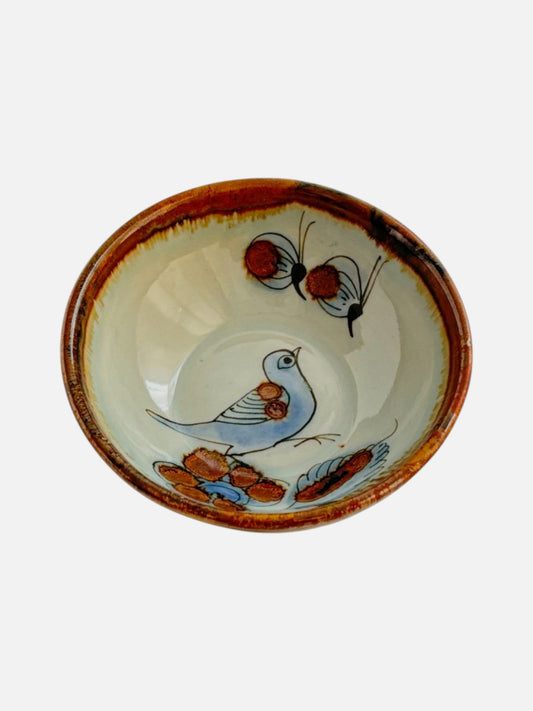 Vintage Ken Edwards Tonala hand-painted and signed round ceramic trinket bowl dish handmade in Mexico featuring bird and floral design shown from the top