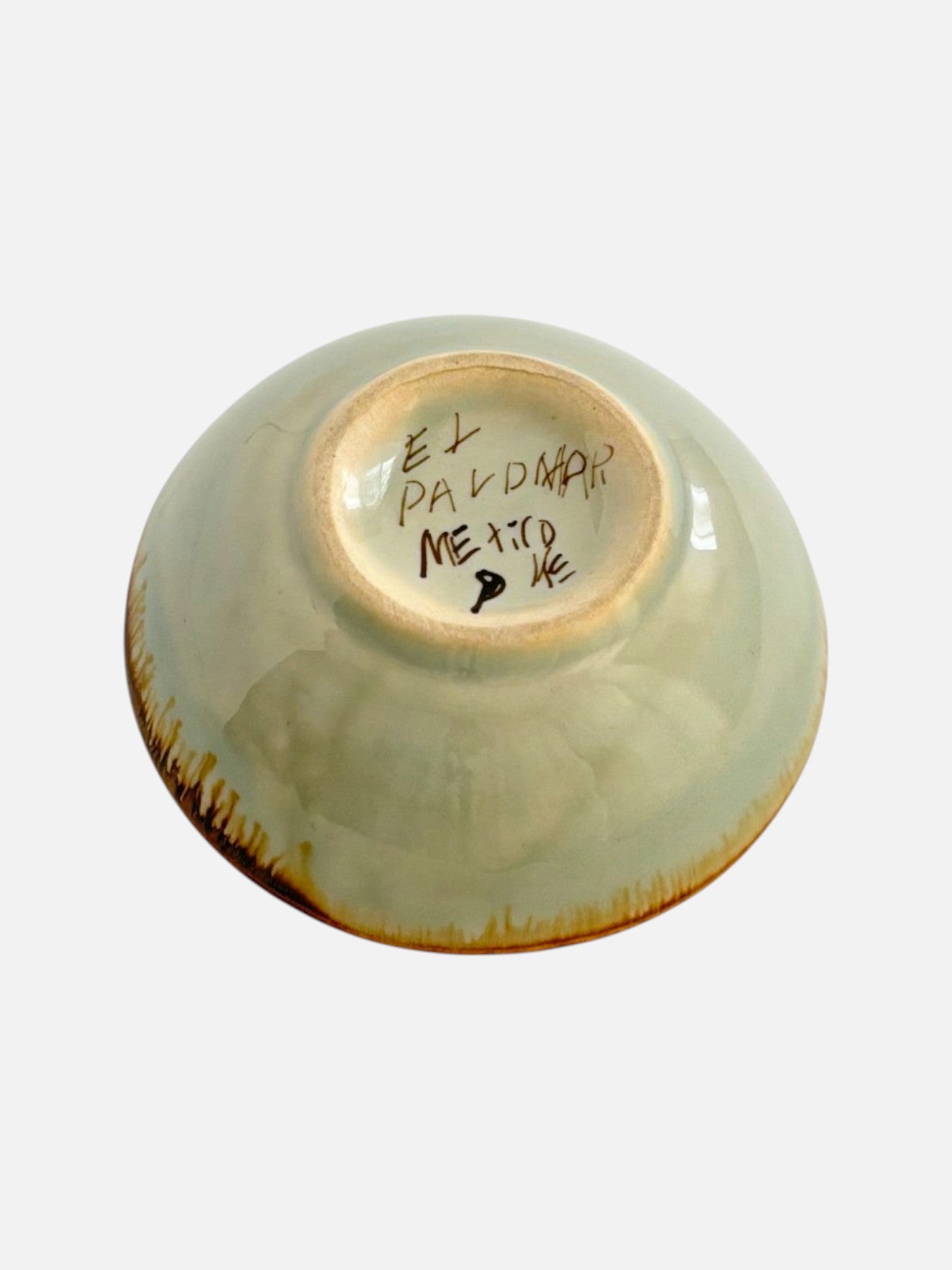 Vintage Ken Edwards Tonala hand-painted and signed round ceramic trinket bowl dish handmade in Mexico featuring bird and floral design shown from the bottom with signed base