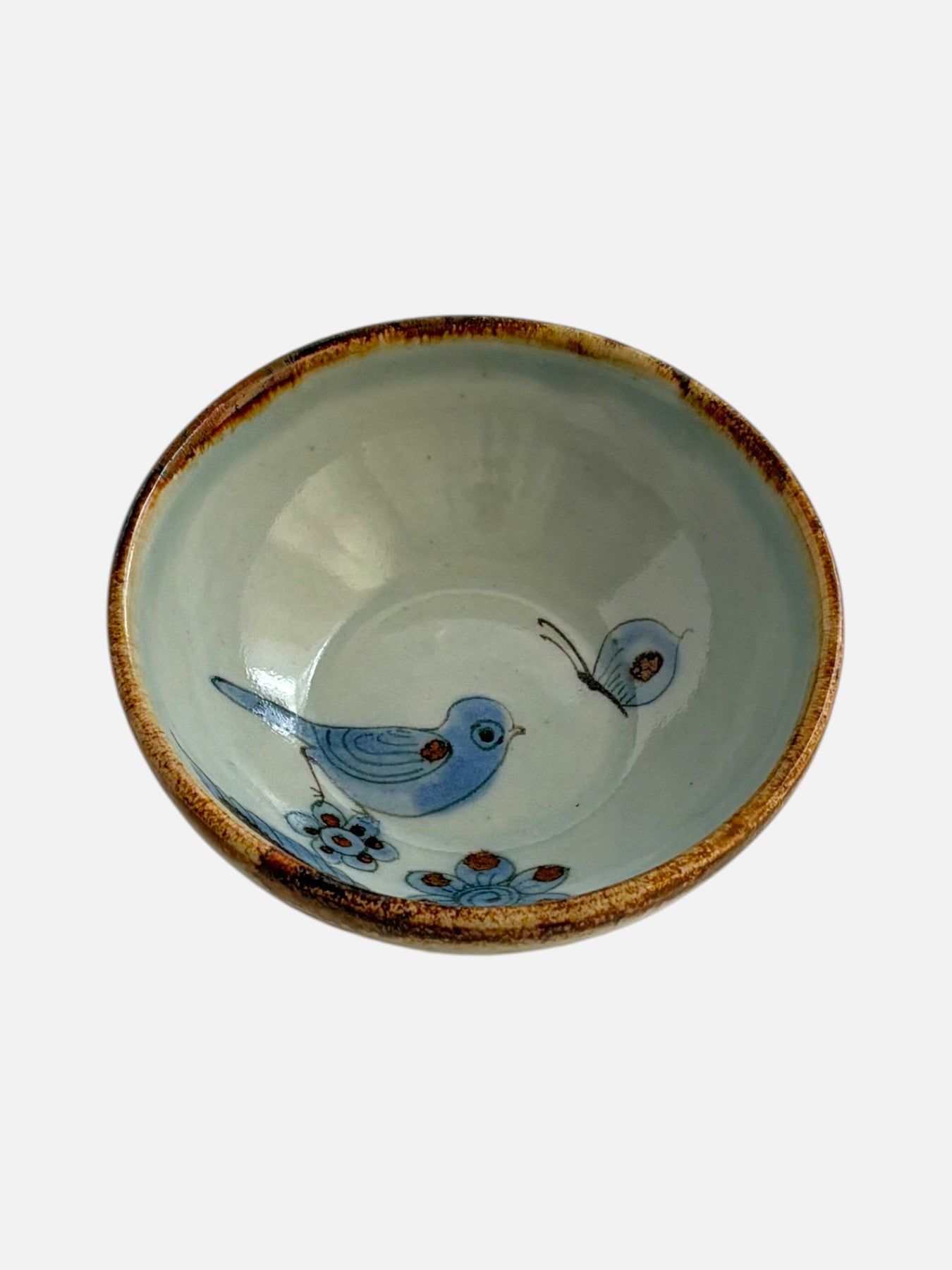 Vintage Ken Edwards Tonala hand-painted and signed round ceramic trinket bowl dish handmade in Mexico featuring bird and floral design top view