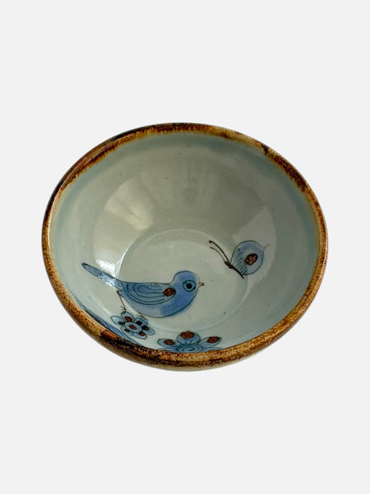 Vintage Ken Edwards Tonala hand-painted and signed round ceramic trinket bowl dish handmade in Mexico featuring bird and floral design top view