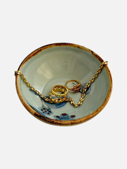 Vintage Ken Edwards Tonala hand-painted and signed round ceramic trinket bowl dish handmade in Mexico featuring bird and floral design shown holding jewelry