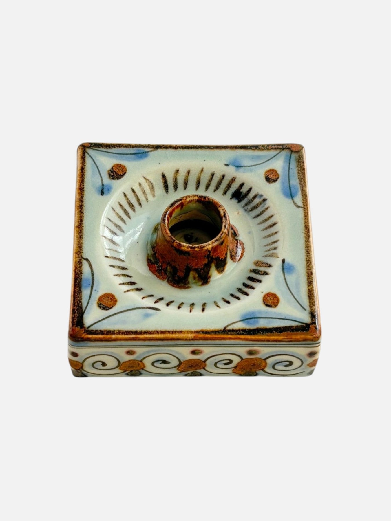 Vintage Ken Edwards Tonala hand-painted and signed square ceramic tapered candle holder handmade in Mexico featuring floral design top view