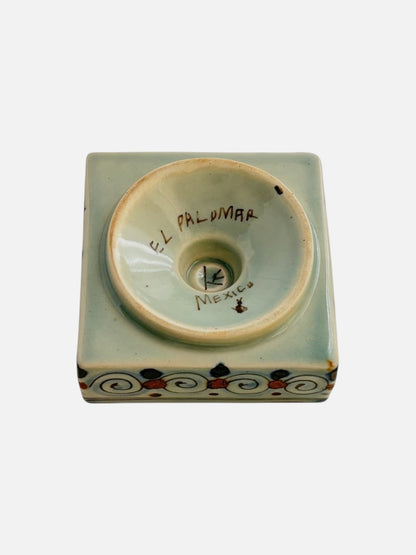 Vintage Ken Edwards Tonala hand-painted and signed square ceramic tapered candle holder handmade in Mexico featuring floral design bottom view showing the signed base
