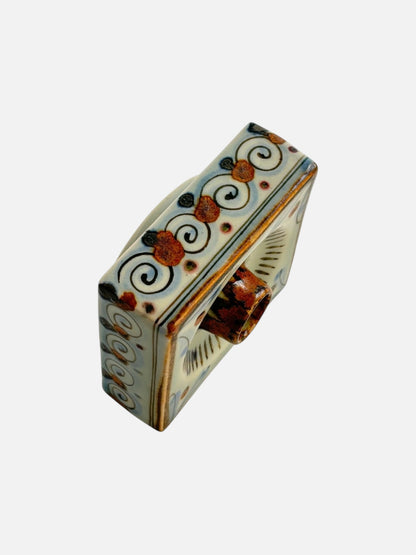 Vintage Ken Edwards Tonala hand-painted and signed square ceramic tapered candle holder handmade in Mexico featuring floral design angled side view