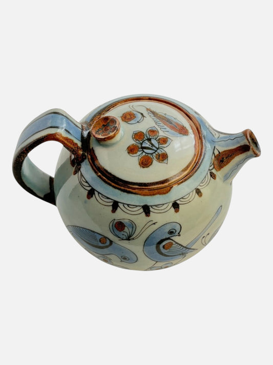Vintage Ken Edwards Tonala hand-painted and signed round ceramic teapot with lid and handle handmade in Mexico featuring bird and floral design top view