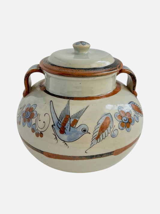 Vintage Ken Edwards Tonala hand-painted and signed round ceramic lidded pottery jar canister with handles handmade in Mexico featuring bird and floral design