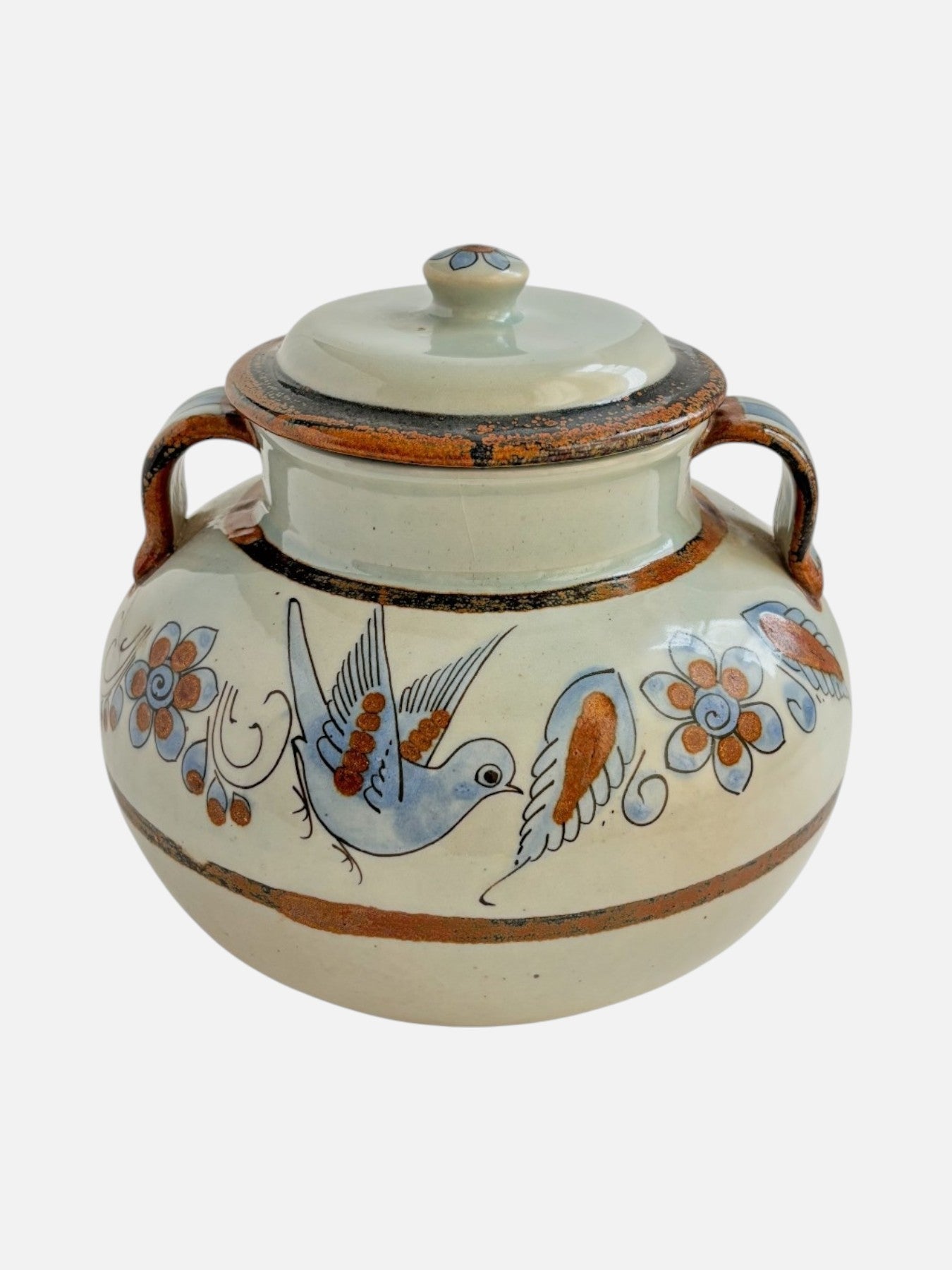 Vintage Ken Edwards Tonala hand-painted and signed round ceramic lidded pottery jar canister with handles handmade in Mexico featuring bird and floral design