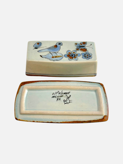 Vintage Ken Edwards Tonala hand-painted and signed rectangular ceramic covered butter dish with lid handmade in Mexico featuring bird, butterfly, and floral design shown with the signed base