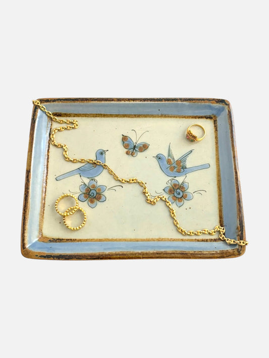 Vintage Ken Edwards Tonala hand-painted and signed rectangular ceramic pottery tray handmade in Mexico featuring birds, butterfly, and floral design used as a ceramic jewelry tray