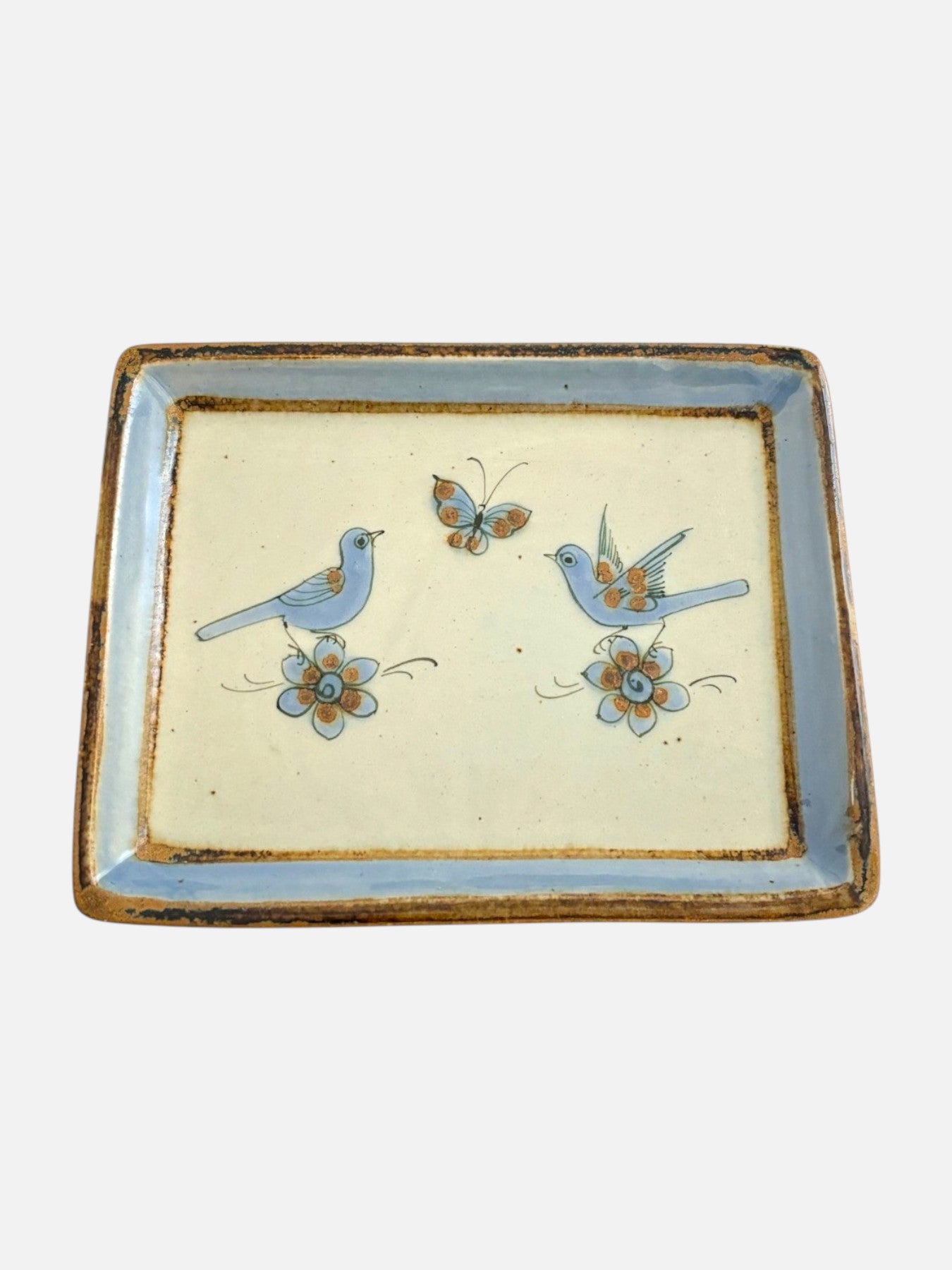Vintage Ken Edwards Tonala hand-painted and signed rectangular ceramic pottery tray handmade in Mexico featuring birds, butterfly, and floral design