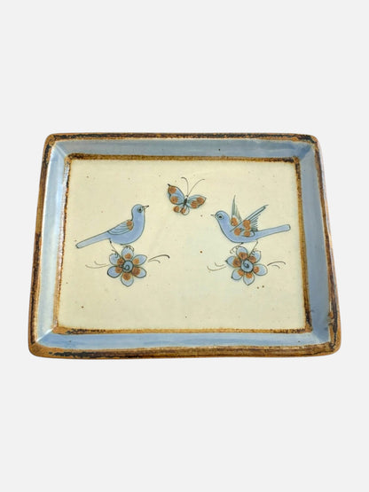 Vintage Ken Edwards Tonala hand-painted and signed rectangular ceramic pottery tray handmade in Mexico featuring birds, butterfly, and floral design