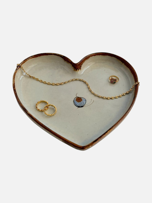 Vintage Ken Edwards Tonala hand-painted and signed heart-shaped ceramic pottery tray handmade in Mexico used as a ceramic jewelry tray