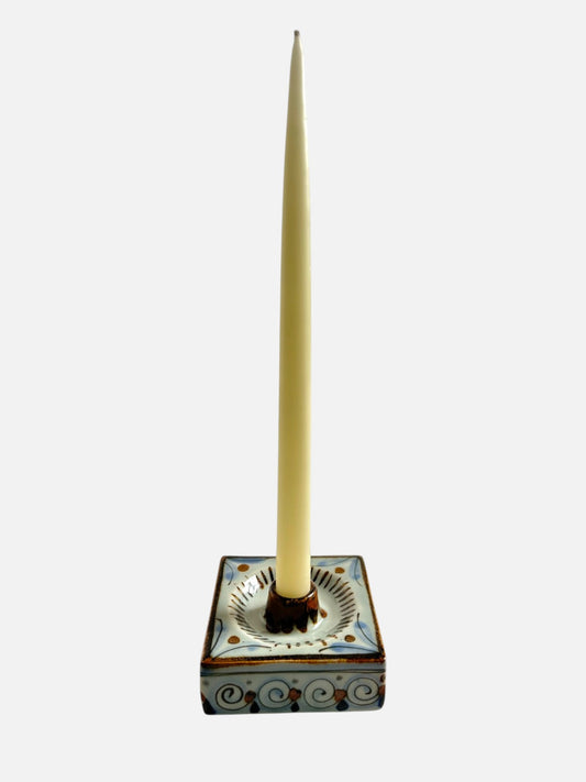 Vintage Ken Edwards Tonala hand-painted and signed square ceramic tapered candle holder handmade in Mexico featuring floral design shown with a tapered candle front view